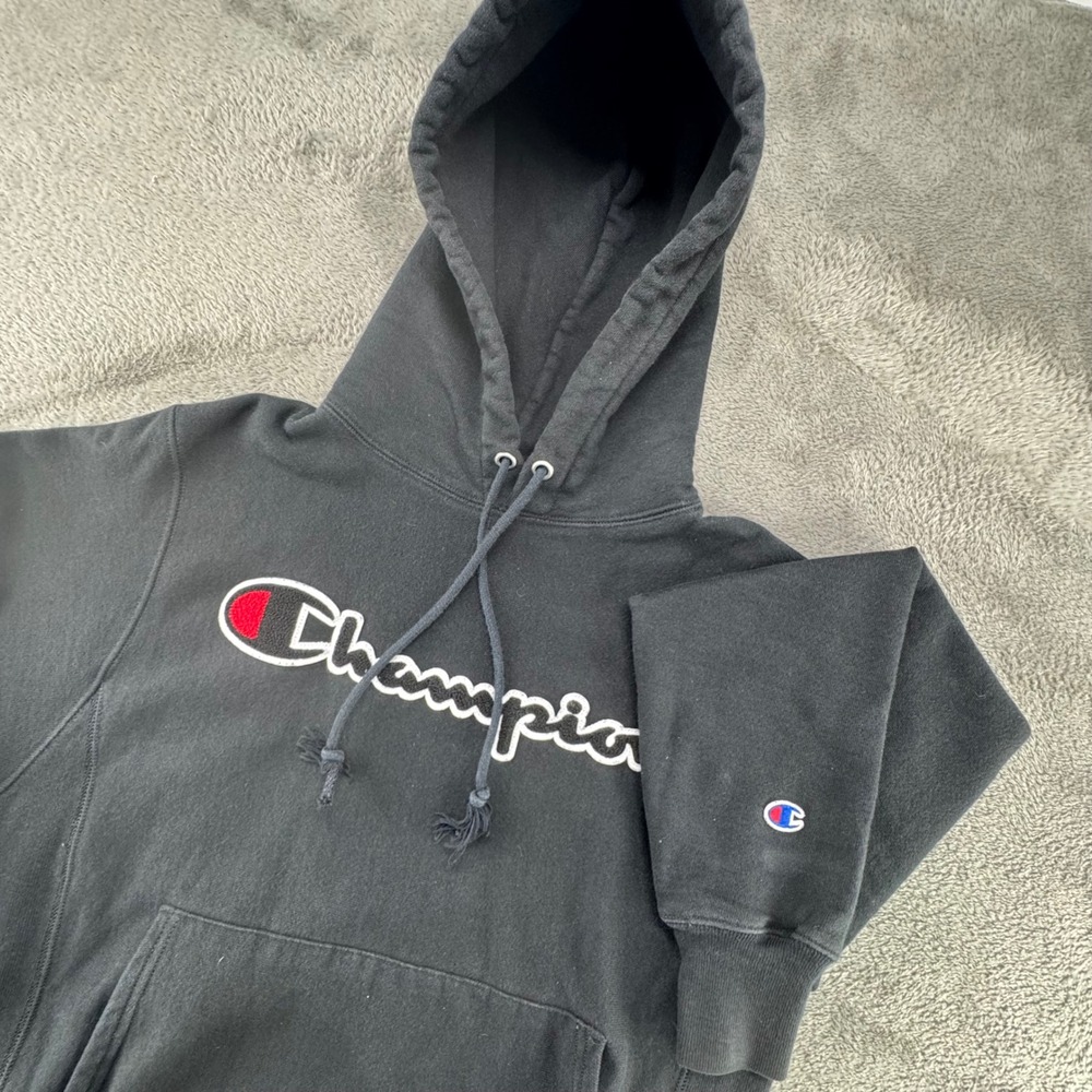 Champion Reverse Weave Black Hoodie Sweatshirt Logo Spellout Men's Small